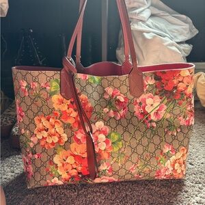 Gucci Floral Print Canvas Tote with Red Accents